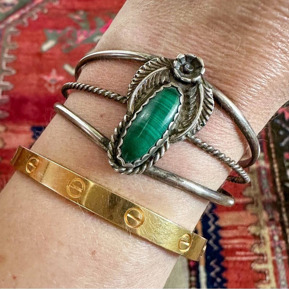 Vintage Old Pawn Sterling Silver & Malachite Cuff Bracelet Southwestern Style